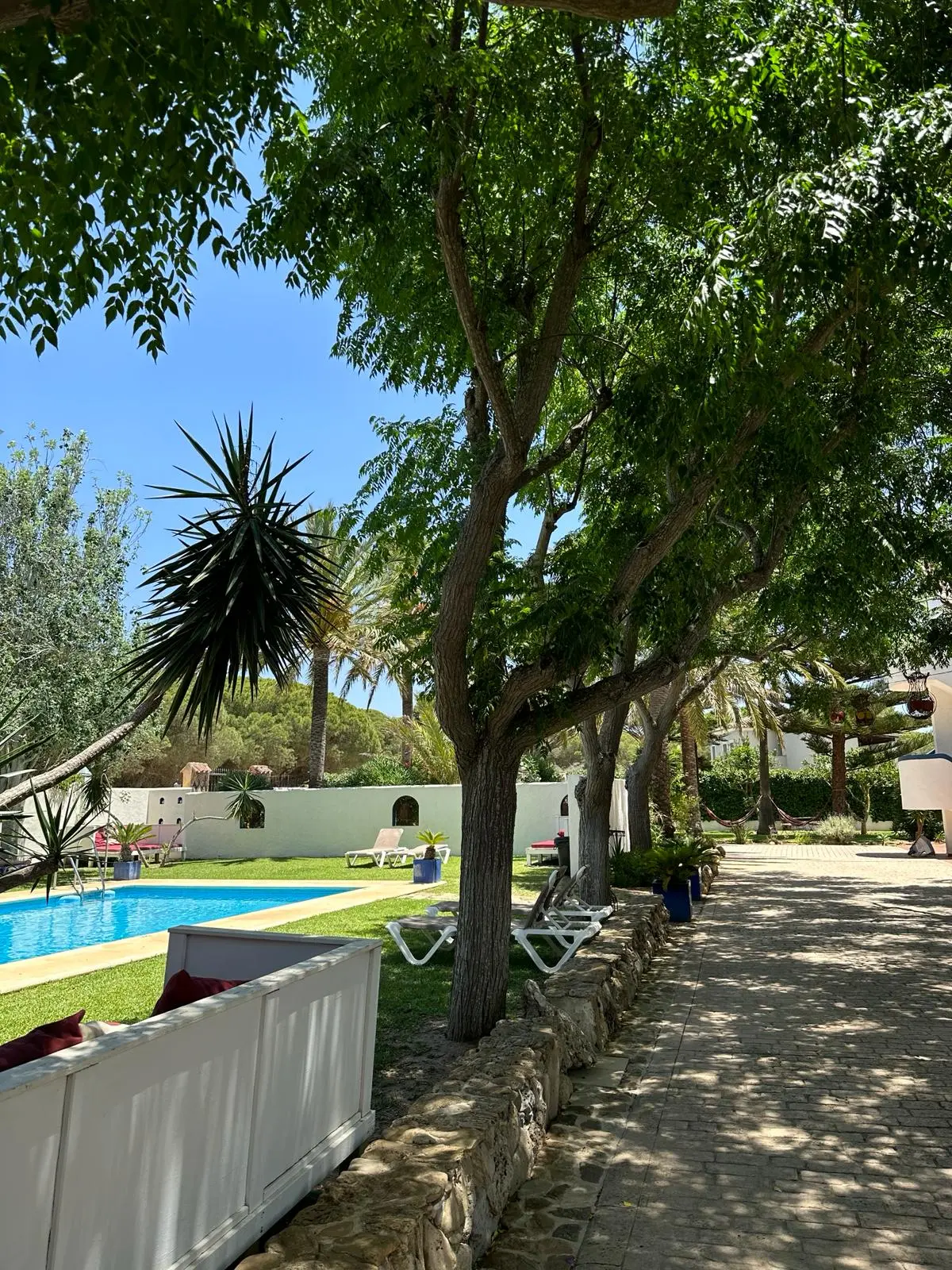 Zona de sol y sombra junto a la piscina en Paraíso Perdido Conil